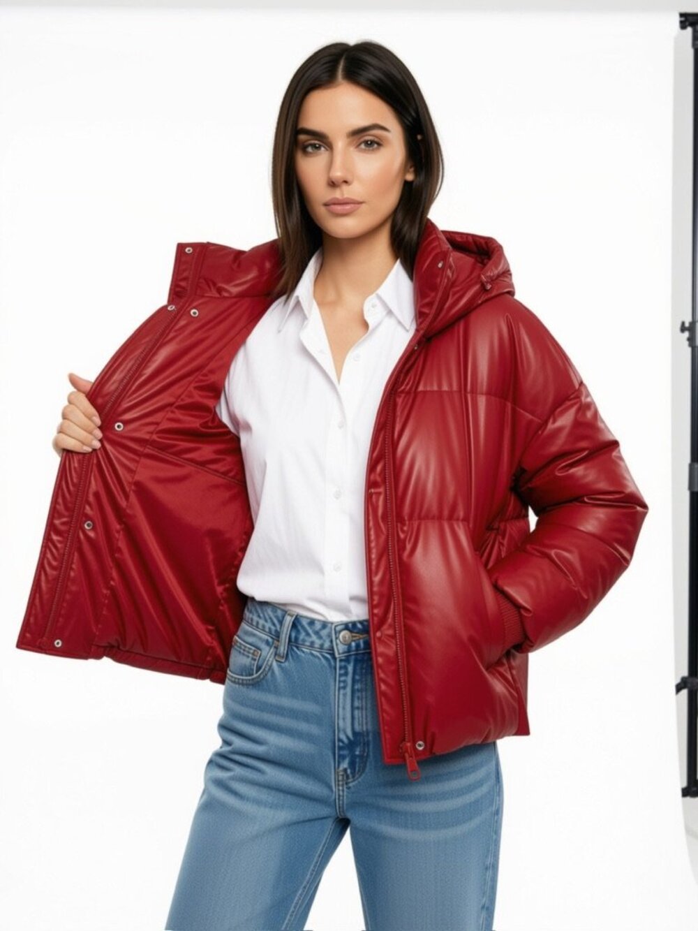 Levi's Women's Large Cinch Waist Puffer Jacket, Rhubarb Faux Leather with Hood
